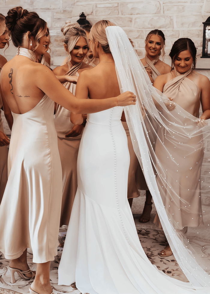 Amanda | Party Vibe Sheath Sage Green Satin Maxi Bridesmaid Dress with Halter and Backless - Price #price_variant_lowest# - Champagne - PromDressClub