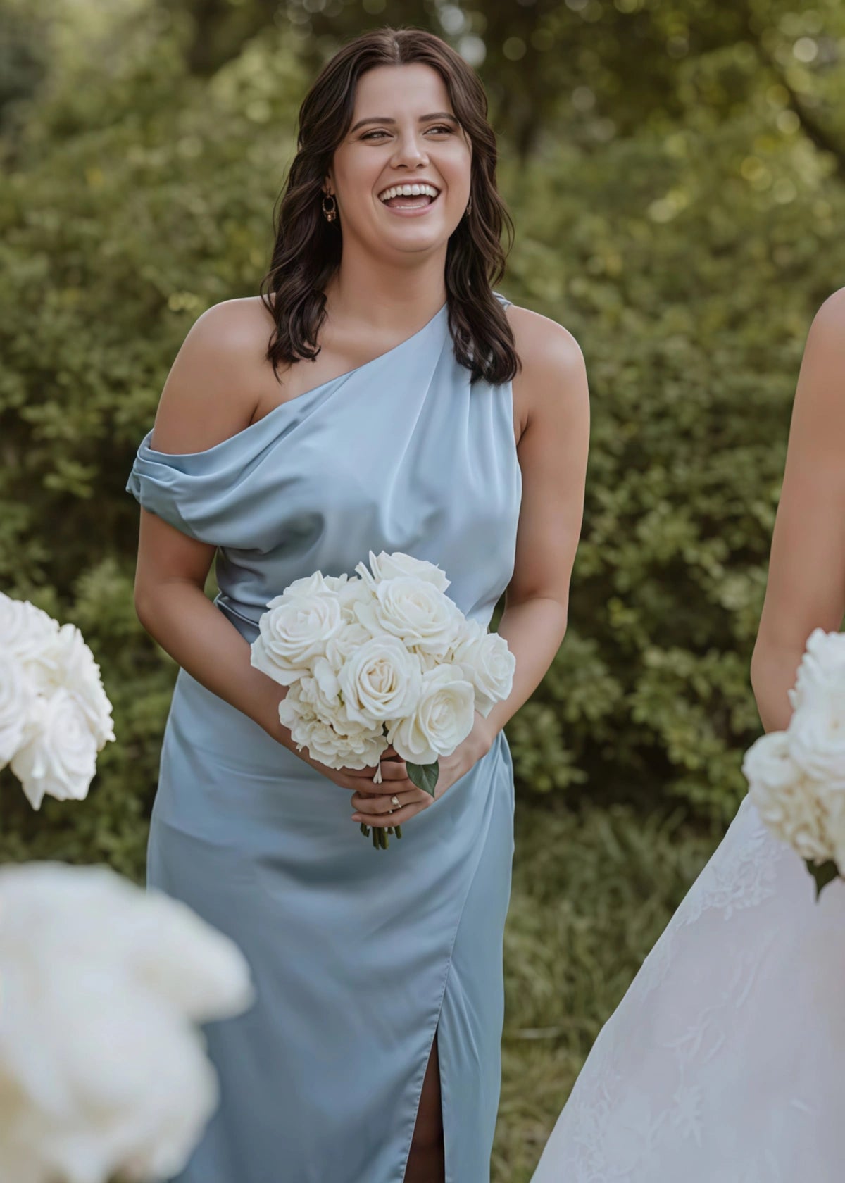 Amelia | Sheath Pleated Hot Pink Stretch Satin Maxi Bridesmaid Dress with Slit and One Shoulder - Dusty Blue - PROMDRESS Club