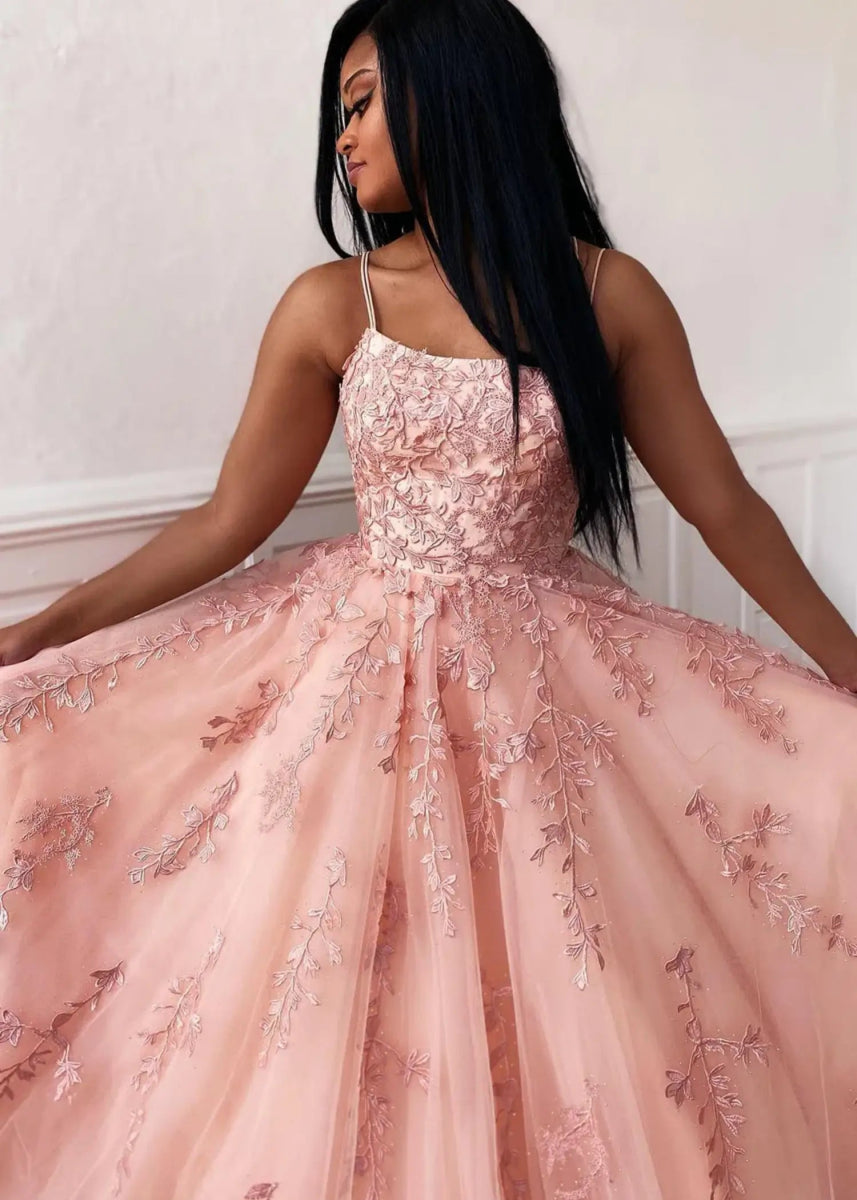 Amla | Plus Size Royal Blue and Light Pink Princess Lace Prom Dress - Light Pink - PromDressClub