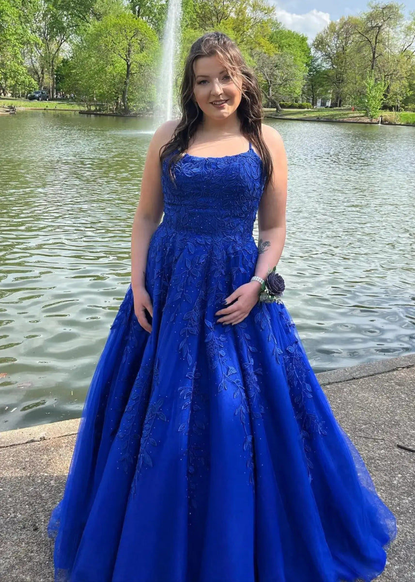 Amla | Plus Size Royal Blue and Light Pink Princess Lace Prom Dress - Royal Blue - PromDressClub