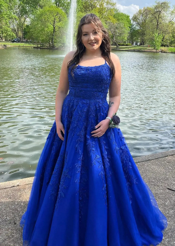 Amla | Plus Size Royal Blue and Light Pink Princess Lace Prom Dress - Royal Blue - PromDressClub