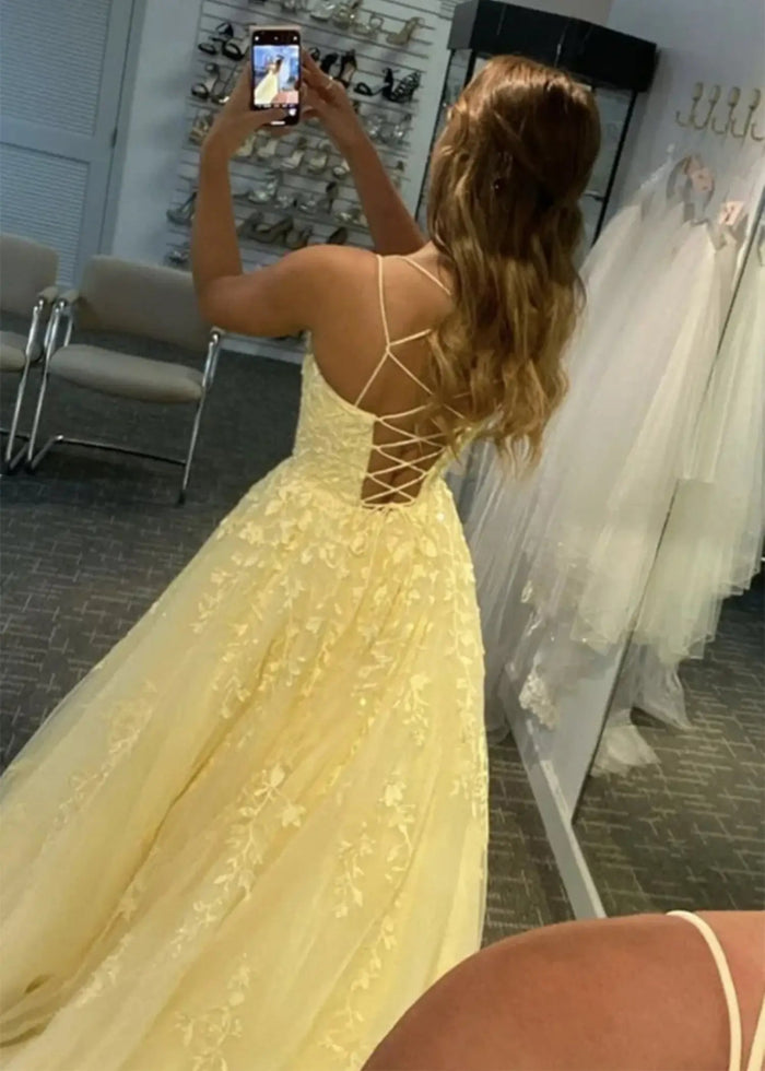 Amla | Plus Size Royal Blue and Light Pink Princess Lace Prom Dress - Yellow - PromDressClub