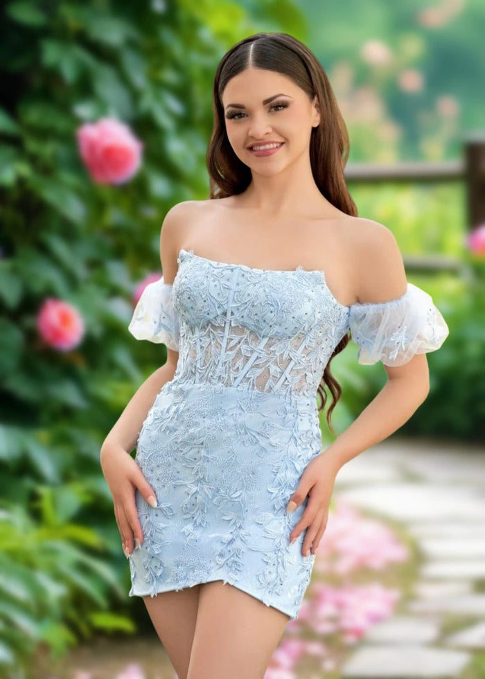 Amy | Bodycon Sage Green Lace Strapless Corset Homecoming Dress with Detachable Ballon Sleeves - Light Blue - PromDressClub