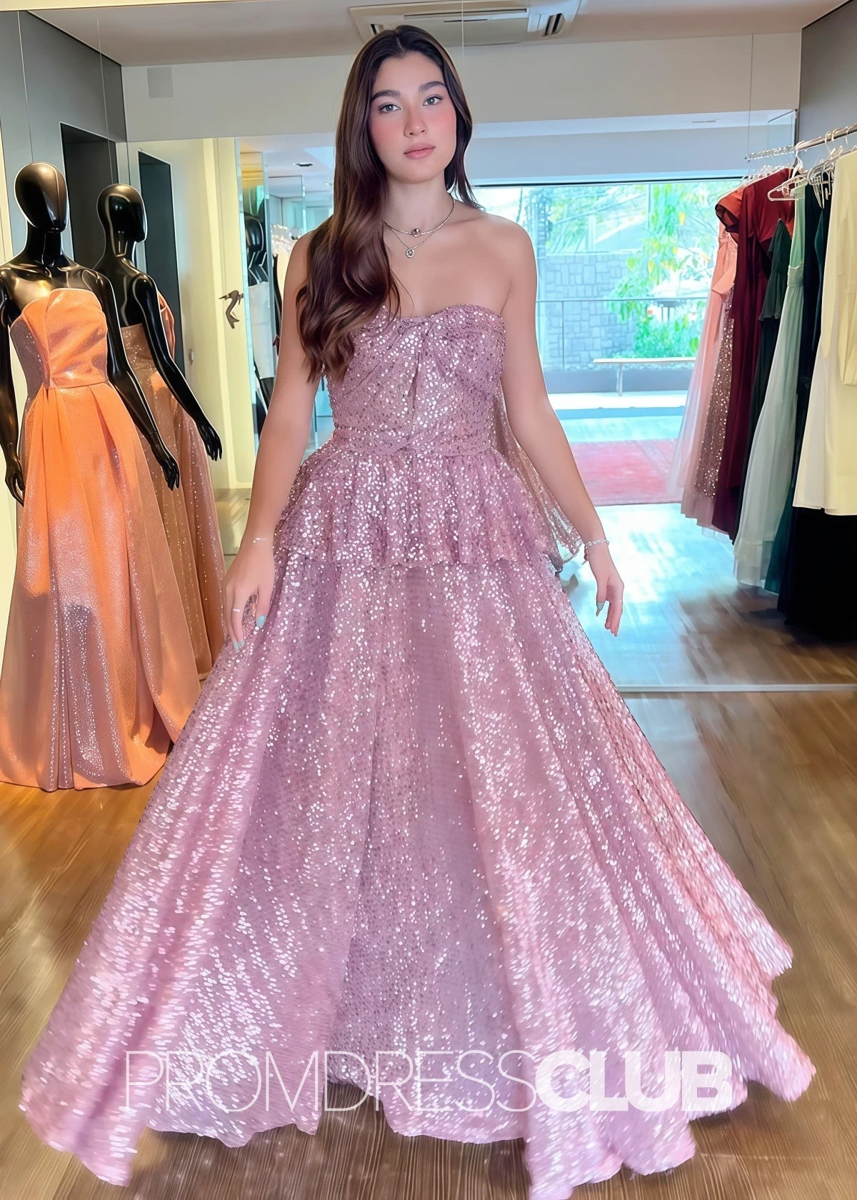 Anastasia |A Pink Prom Dress Long A - Line Sequins Strapless - Pink - PromDressClub