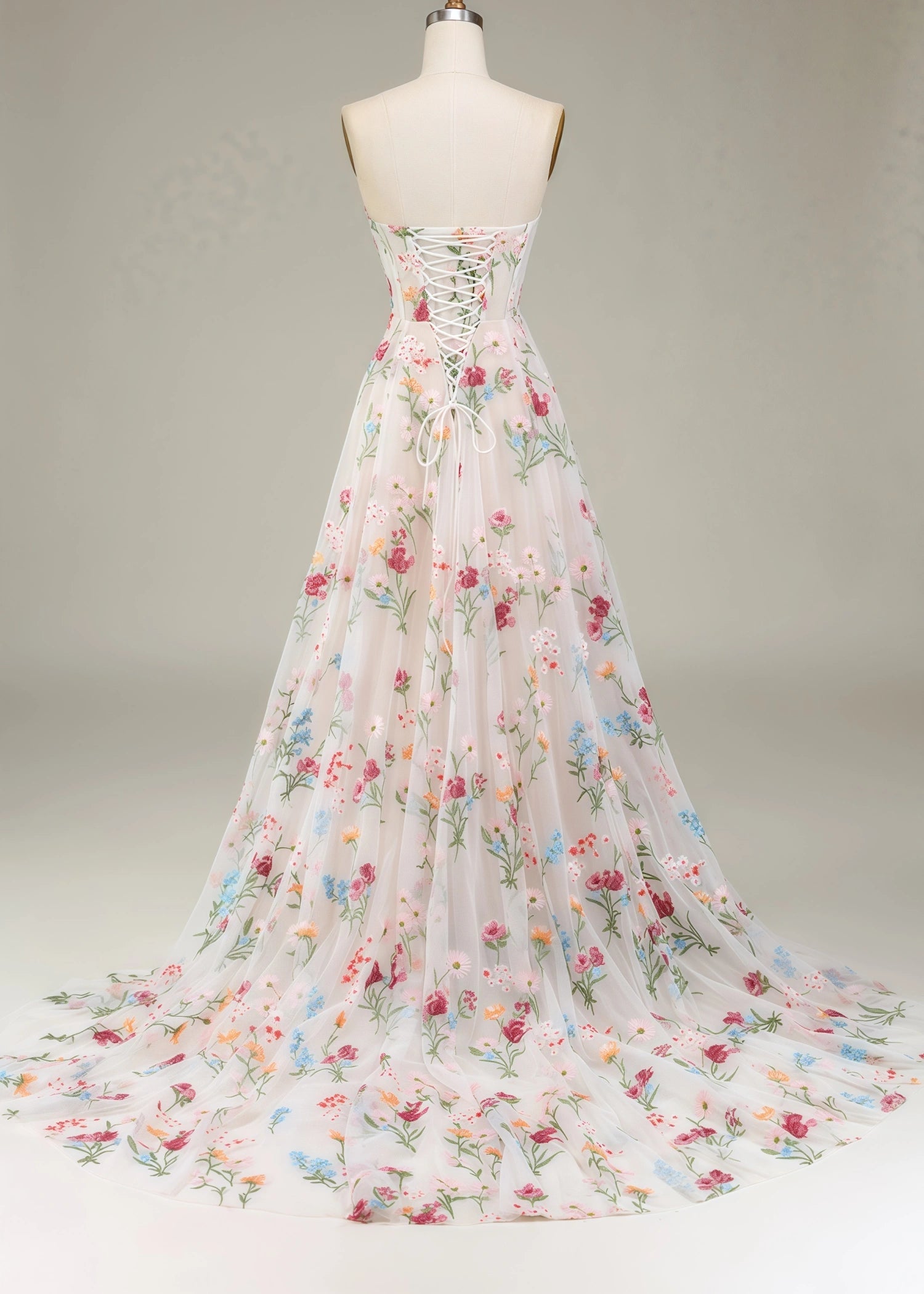 Andrea | A - Line Long Ivory Prom Dress With Sweetheart Tulle Embroidery Sweep Train - White Floral - PromDressClub