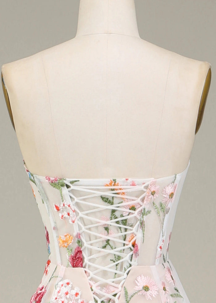 Andrea | A - Line Long Ivory Prom Dress With Sweetheart Tulle Embroidery Sweep Train - White Floral - PromDressClub