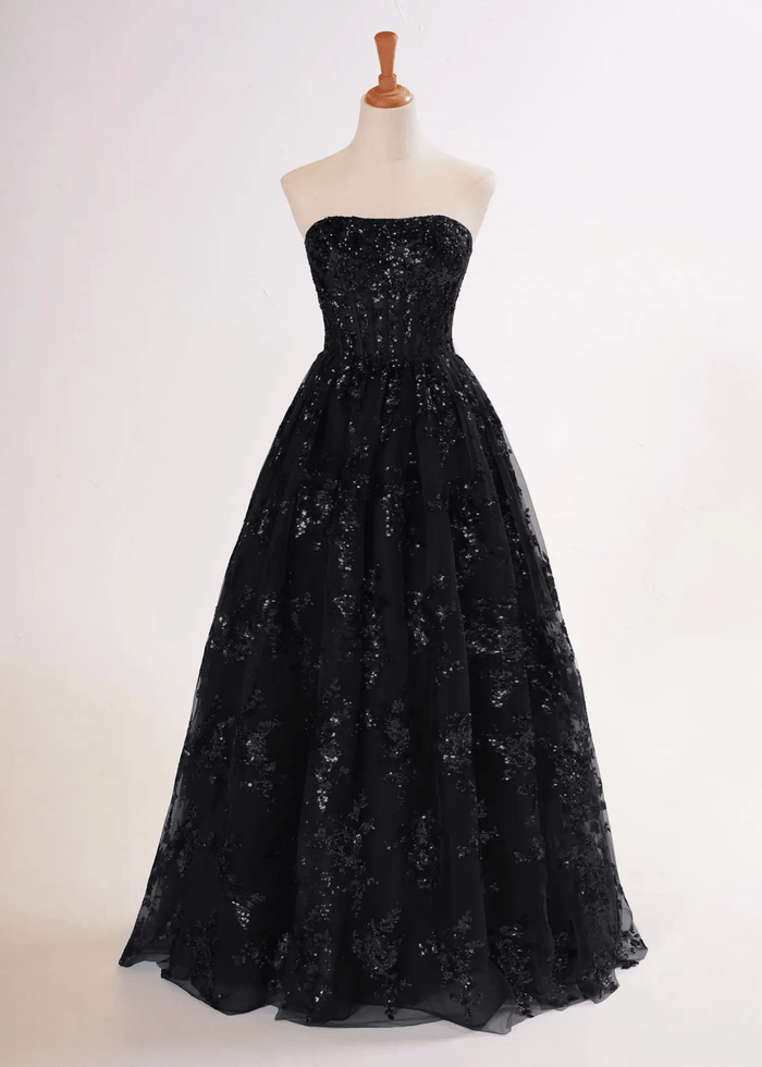 Angela | Strapless Royal Blue and Black Ball Gown Lace Prom Dress with Pockets - Black - PromDressClub