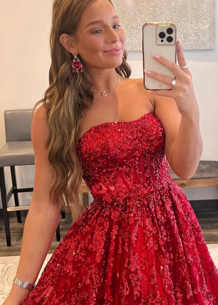 Angela | Strapless Royal Blue and Black Ball Gown Lace Prom Dress with Pockets - Red - PromDressClub