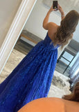 Angela |A - line Sequined Lace Royal Blue Long Prom Dress with Pockets - Royal Blue - US0 - PromDressClub