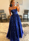 Angela |A - line Sequined Lace Royal Blue Long Prom Dress with Pockets - Royal Blue - US0 - PromDressClub