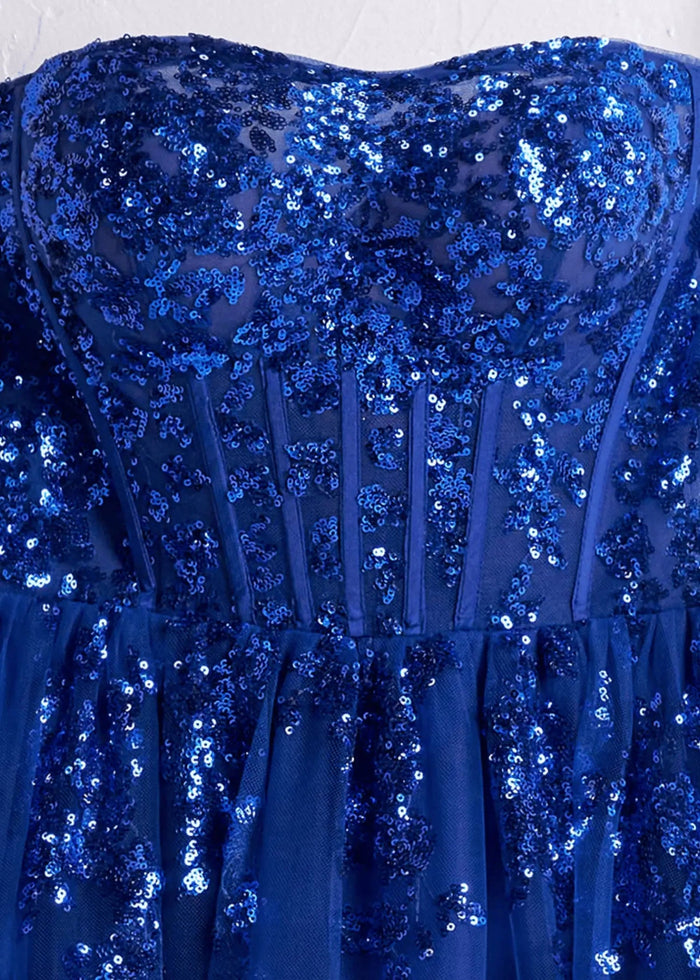 Angela | Strapless Royal Blue and Black Ball Gown Lace Prom Dress with Pockets - Royal Blue - PromDressClub