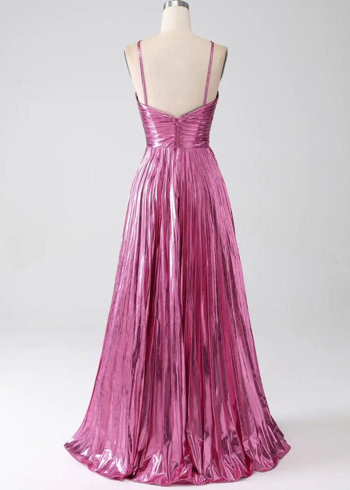 Angela | Fuchsia A Line Slit in Metallic Prom Dress with Halter Top - Fuchsia - PromDressClub