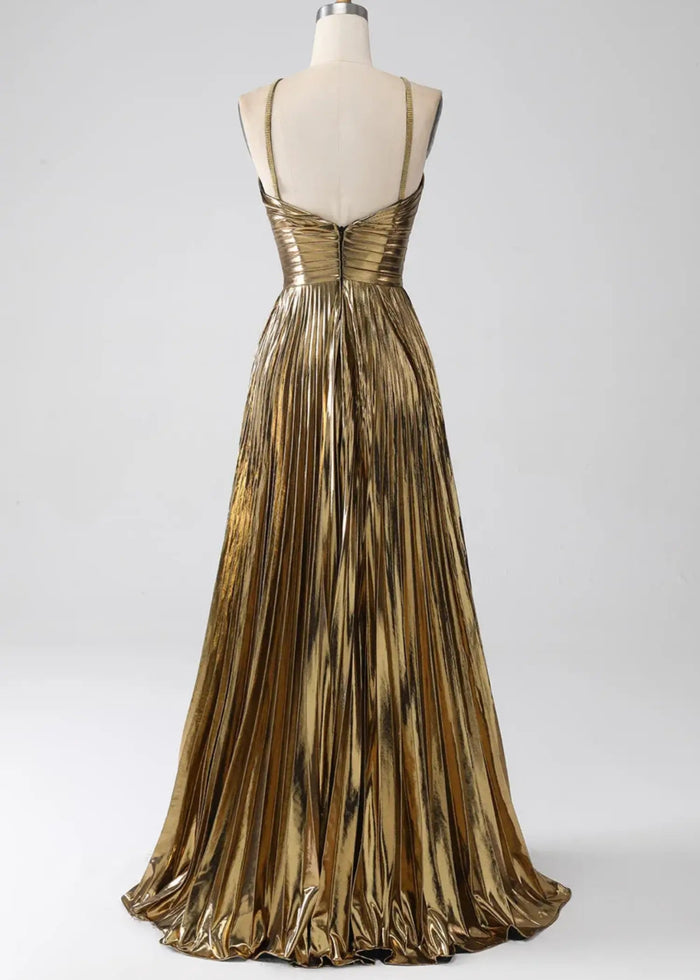 Angela | Fuchsia A Line Slit in Metallic Prom Dress with Halter Top - Gold - PromDressClub