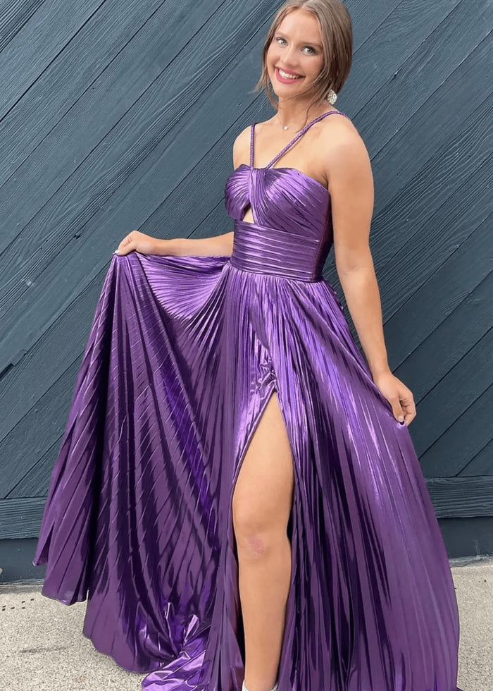 Angela | Fuchsia A Line Slit in Metallic Prom Dress with Halter Top - Purple - PromDressClub