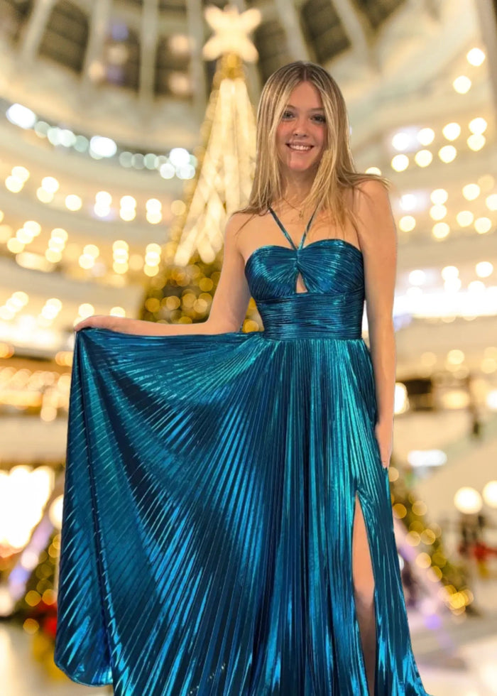 Angela | Fuchsia A Line Slit in Metallic Prom Dress with Halter Top - Teal - PromDressClub