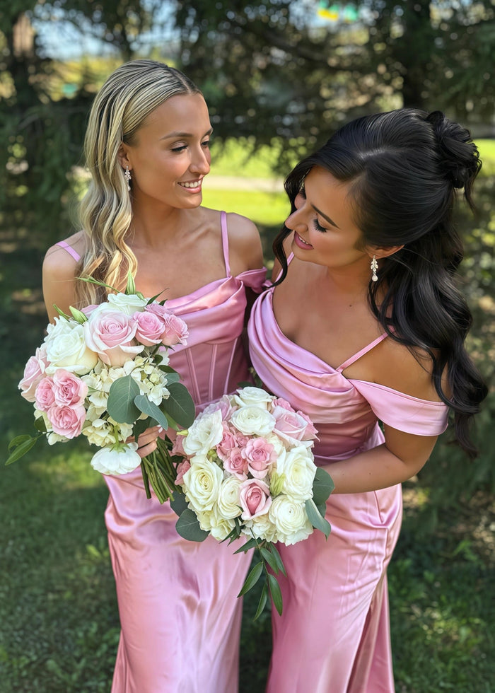 Angela | Sheath Corset Peach Satin Maxi Bridesmaid Dress with Slit and Off the Shoulder - Price #price_variant_lowest# - Peach - PromDressClub