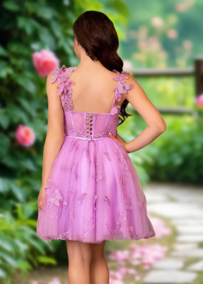 Annabelle | A Line Lilac Tulle Corset 3D Butterfly Homecoming Dress with Flower Decor - Lilac - PromDressClub