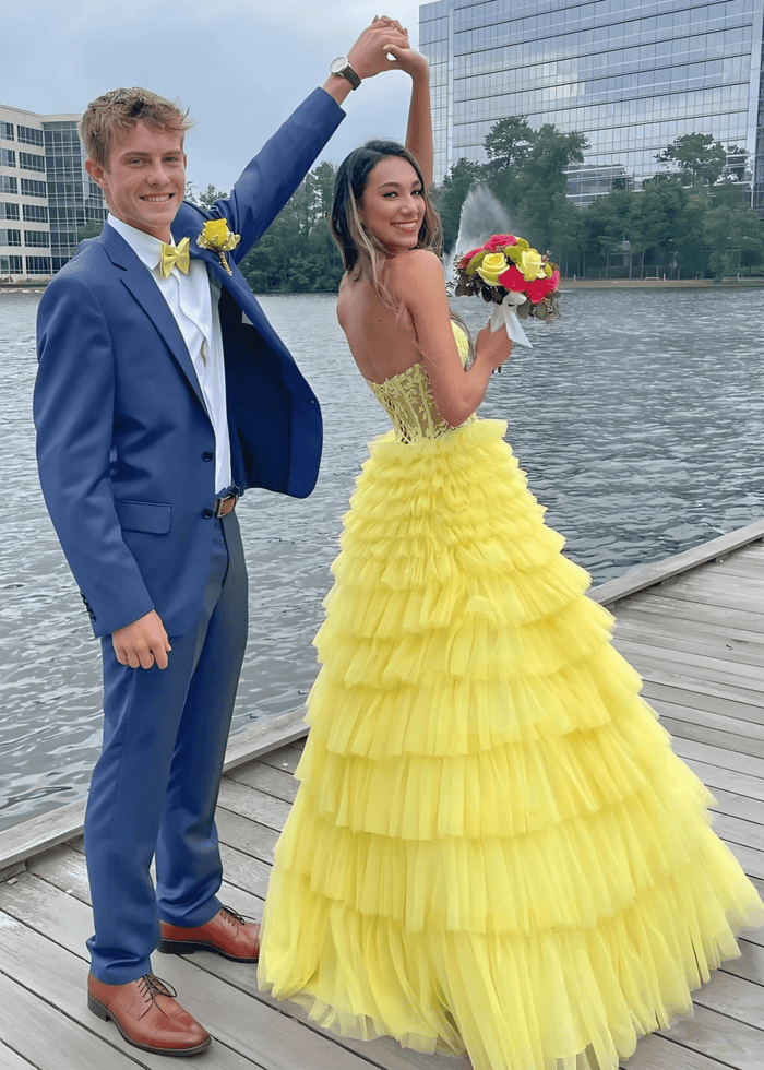 Annabelle | Yellow A Line Strapless Corset Tulle Prom Dress with Ruffles - Yellow - PromDressClub