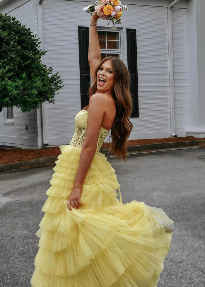 Annabelle | Yellow A Line Strapless Corset Tulle Prom Dress with Ruffles - Yellow - PromDressClub