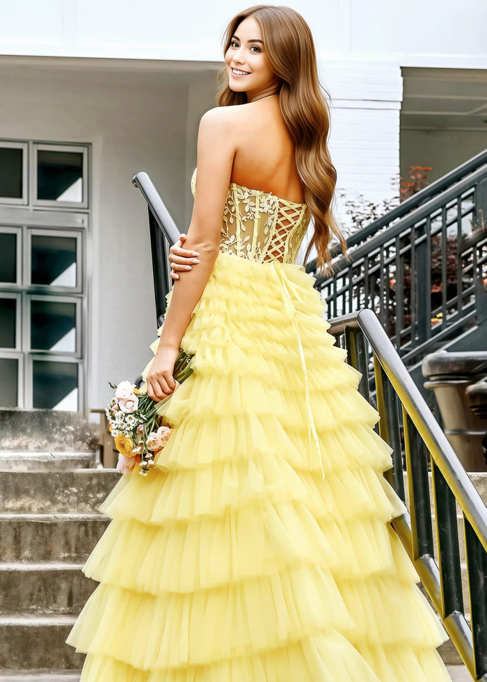 Annabelle | Yellow A Line Strapless Corset Tulle Prom Dress with Ruffles - Yellow - PromDressClub