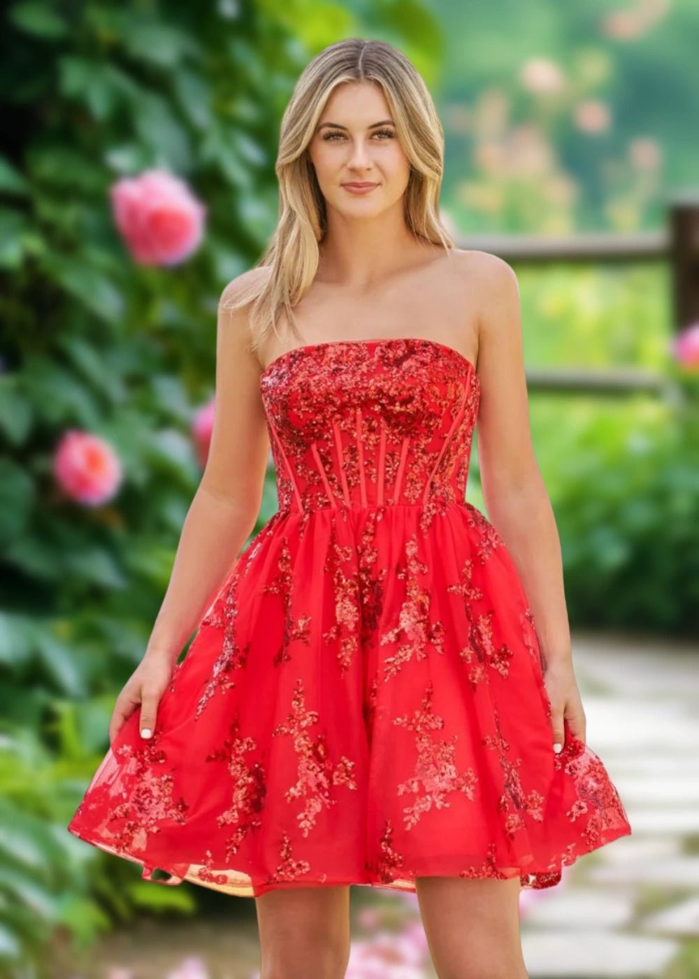 Annette | A Line Red Sequin Corset Strapless Short Homecoming Dress - Red - PromDressClub
