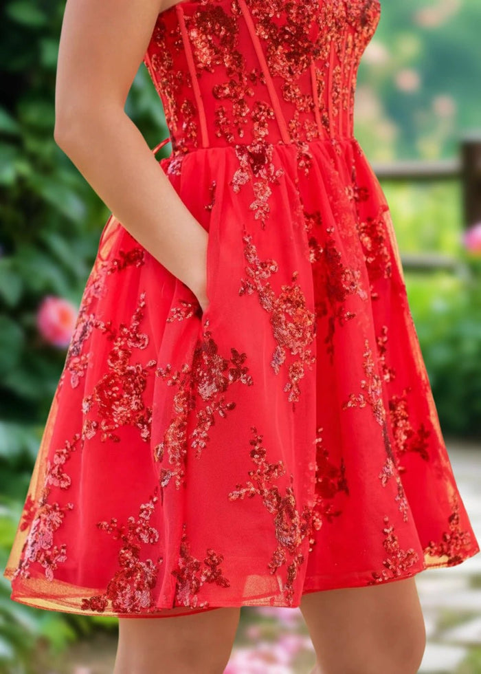 Annette | A Line Red Sequin Corset Strapless Short Homecoming Dress - Red - PromDressClub