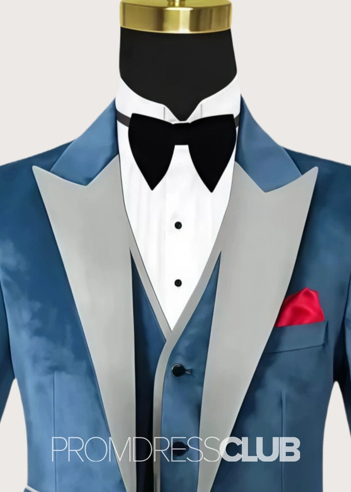 Anthony |Blue Prom Suits For Men With Single Breasted Peaked Lapel Velvet | Three Pieces Bespoke Wedding Groom Suits - Price #price_variant_lowest# - 34 - PromDressClub