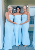 Antonia | Sheath Stretch Strapless Aqua Blue Satin Maxi Bridesmaid Dress with Fold - Aqua - PROMDRESS Club