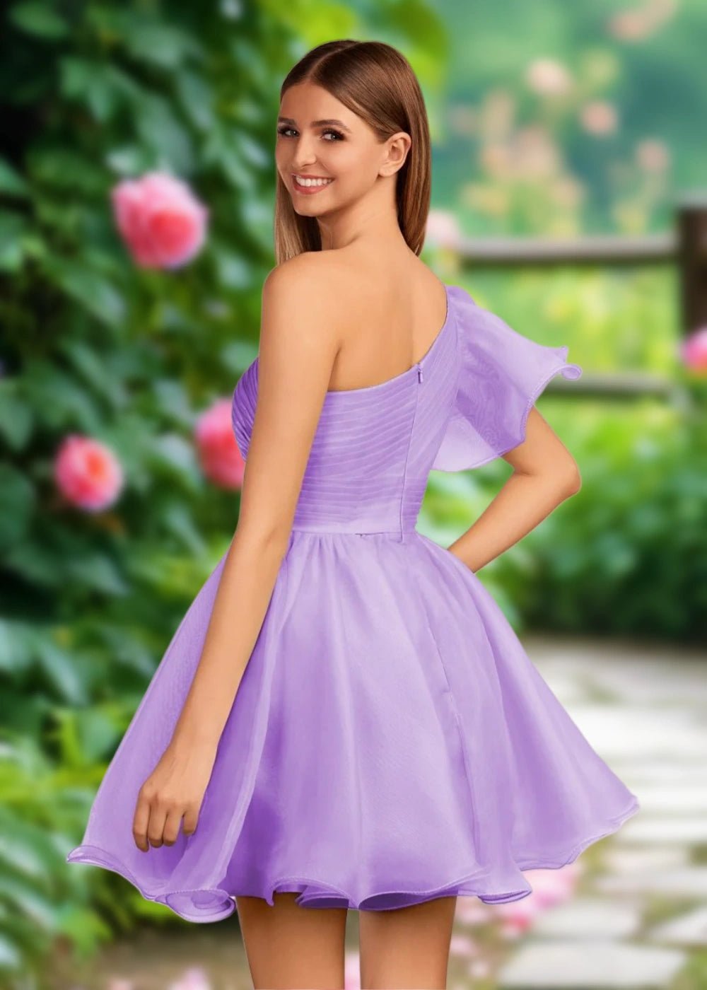 April | Mint Green Organza One Shoulder Ruffle A Line Homecoming Dress - Lavender - PromDressClub