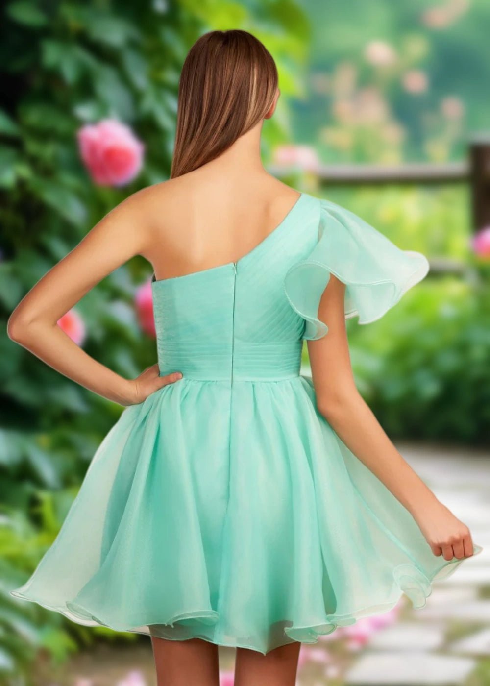 April | Mint Green Organza One Shoulder Ruffle A Line Homecoming Dress - Mint Green - PromDressClub