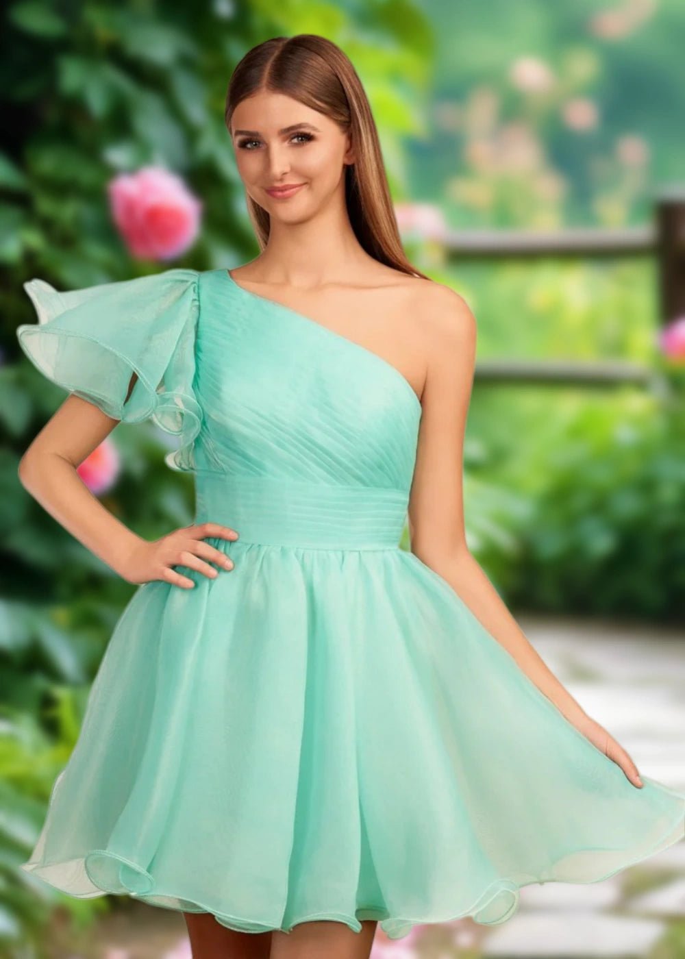 April | Mint Green Organza One Shoulder Ruffle A Line Homecoming Dress - Mint Green - PromDressClub
