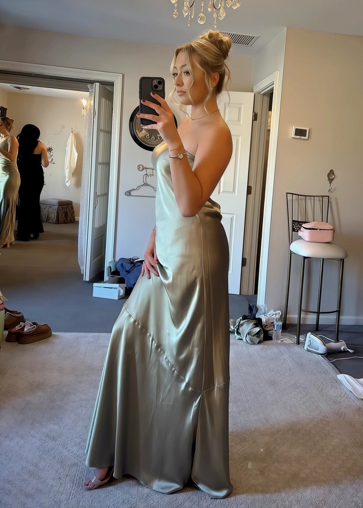 April | Sheath Strapless Skeleton Olive Green Satin Maxi Bridesmaid Dress with Backless and Buttons - Olive Green - PROMDRESS Club