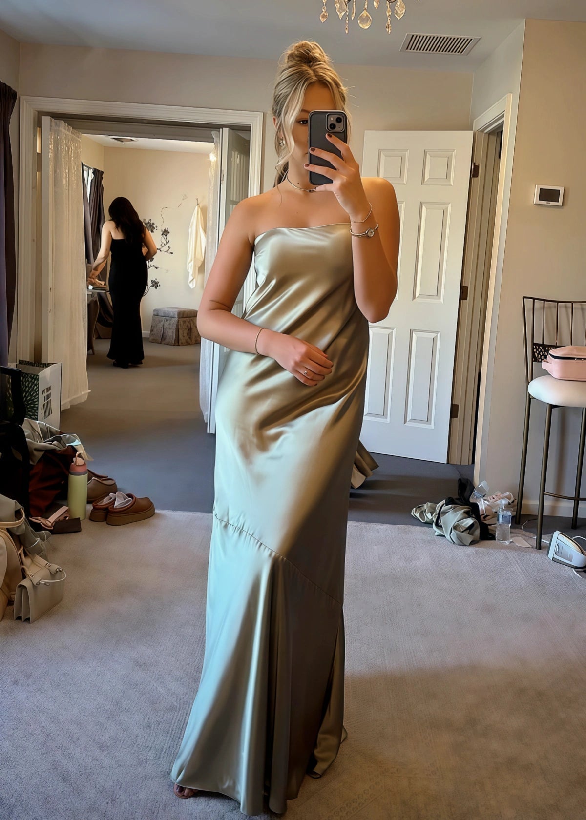 April | Sheath Strapless Skeleton Olive Green Satin Maxi Bridesmaid Dress with Backless and Buttons - Olive Green - PROMDRESS Club