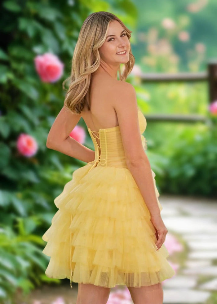 Arabella | A Line Yellow Tulle Strapless Ruffle Short Homecoming Dress - Yellow - PromDressClub