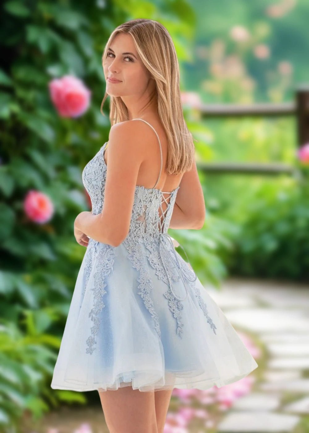 Ariana | Light Blue Lace Corset A Line Short Homecoming Dress - Light Blue - PromDressClub