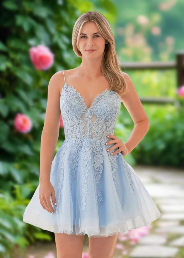 Ariana | Light Blue Lace Corset A Line Short Homecoming Dress - Light Blue - PromDressClub