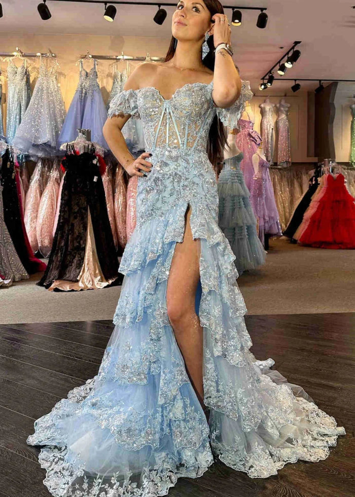 Arlene | A Line Black Strapless Corset Prom DressRuffles with Slit - Baby Blue - PromDressClub