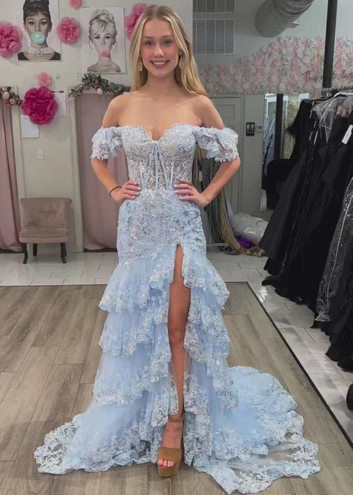 Arlene | A Line Black Strapless Corset Prom DressRuffles with Slit - Baby Blue - PromDressClub