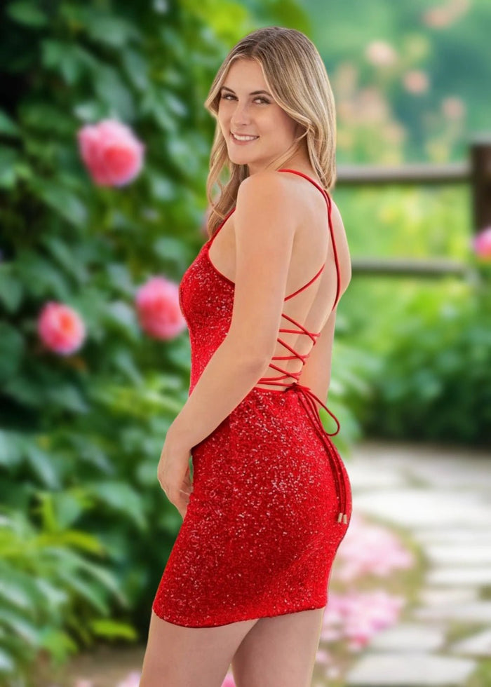 Arlene | Bodycon Orange Sequin Open Back Homecoming Dress - Stylish Scoop Neck Designs - Red - PromDressClub