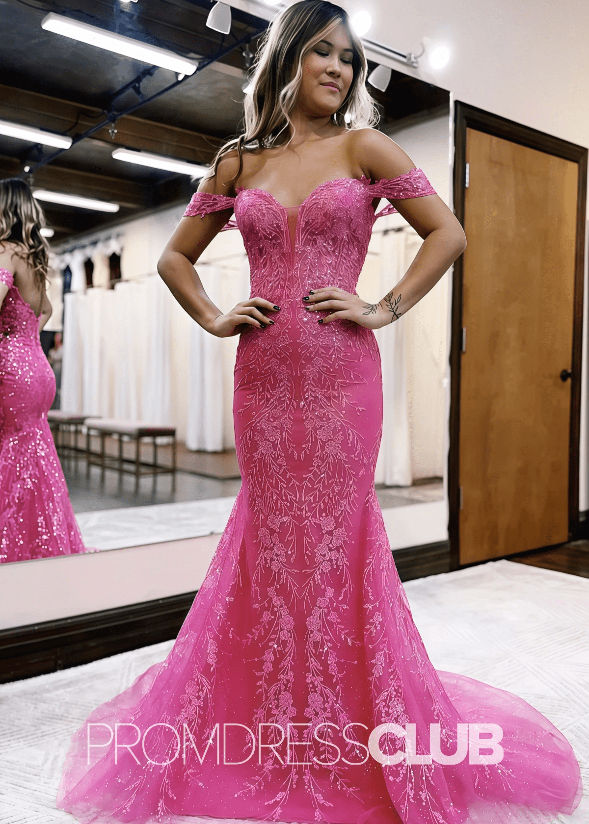 Arlene |Fuchsia Prom Dress Long Trumpet Off The Shoulder With Appliques - Fuchsia - PromDressClub