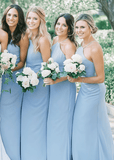 Astrid | Chic Sheath Stretch Modest Light Blue Satin Maxi Bridesmaid Dress with Halter and Backless - Light Blue - PROMDRESS Club