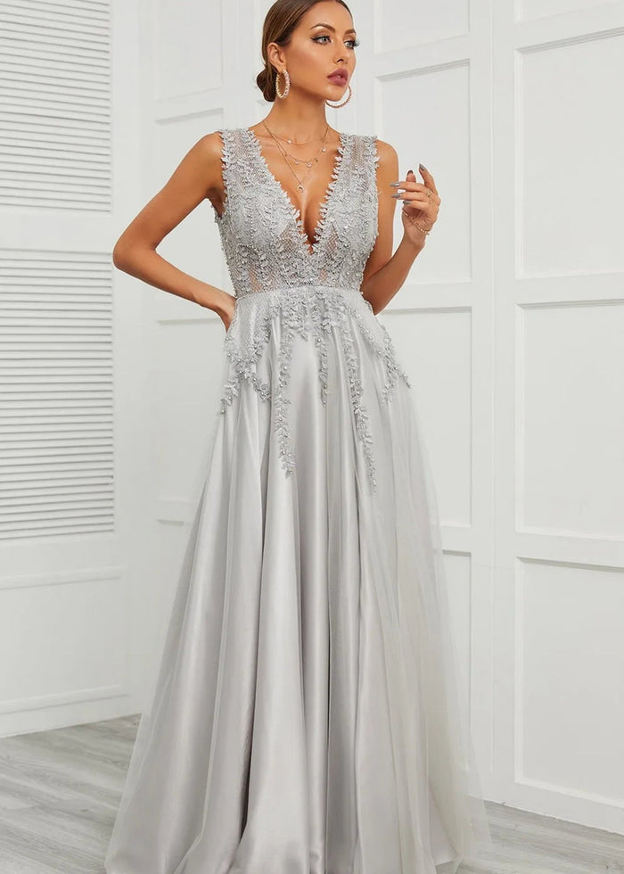 Astrid | Deep V Neck Long Grey Prom Dress with A - Line Appliques - Grey - PromDressClub