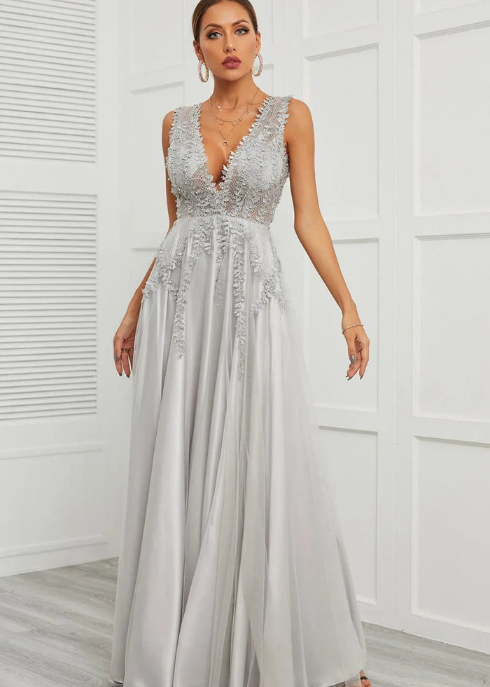 Astrid | Deep V Neck Long Grey Prom Dress with A - Line Appliques - Grey - PromDressClub