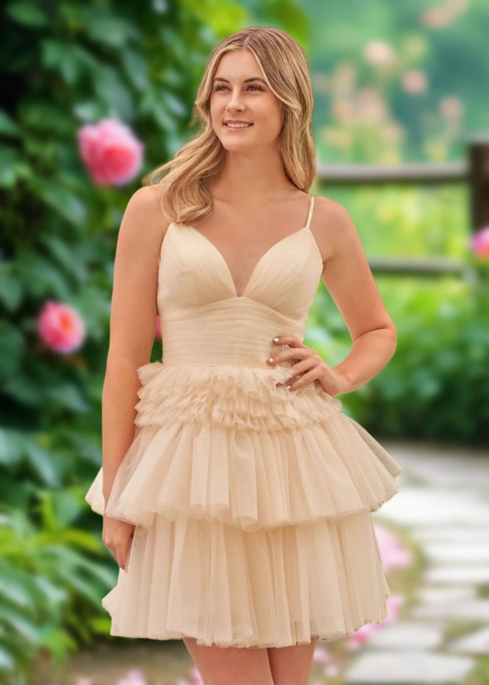 Audrey | A Line Light Pink Tulle Corset Tiered Ruffle Short Homecoming Dress - Champagne - PromDressClub