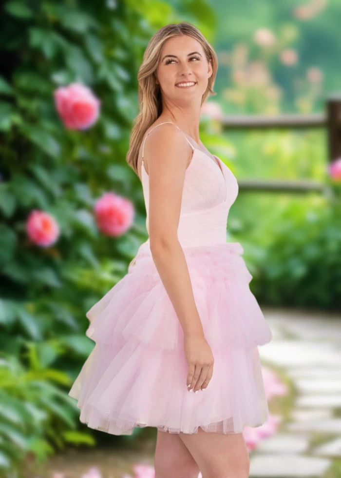 Audrey | A Line Light Pink Tulle Corset Tiered Ruffle Short Homecoming Dress - Light Pink - PromDressClub