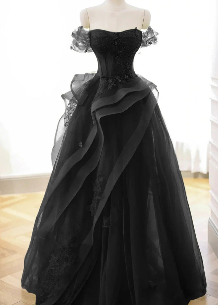 Audrey | A Line/Princess Sage Green Off the Shoulder Corset Ruffle Prom Dress - Black - PromDressClub