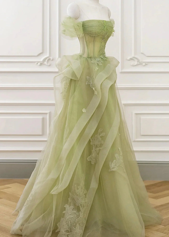 Audrey | A Line/Princess Sage Green Off the Shoulder Corset Ruffle Prom Dress - Sage Green - PromDressClub
