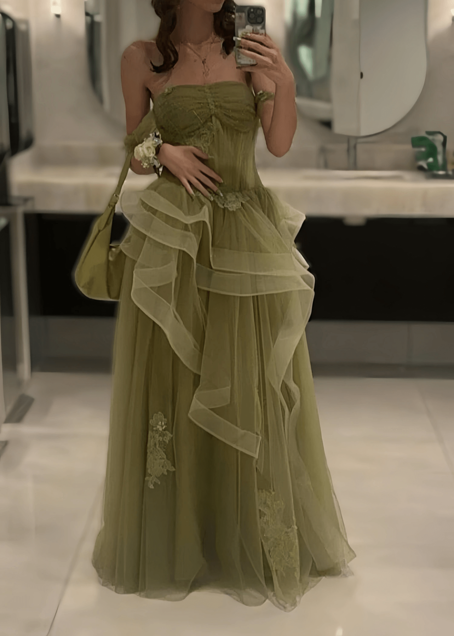 Audrey |A - Line Off the Shoulder Tulle Lace Green Long Prom Dress with Corset, Green Formal Party Dress - White - US0 - PromDressClub