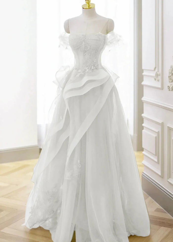 Audrey | A Line/Princess Sage Green Off the Shoulder Corset Ruffle Prom Dress - White - PromDressClub