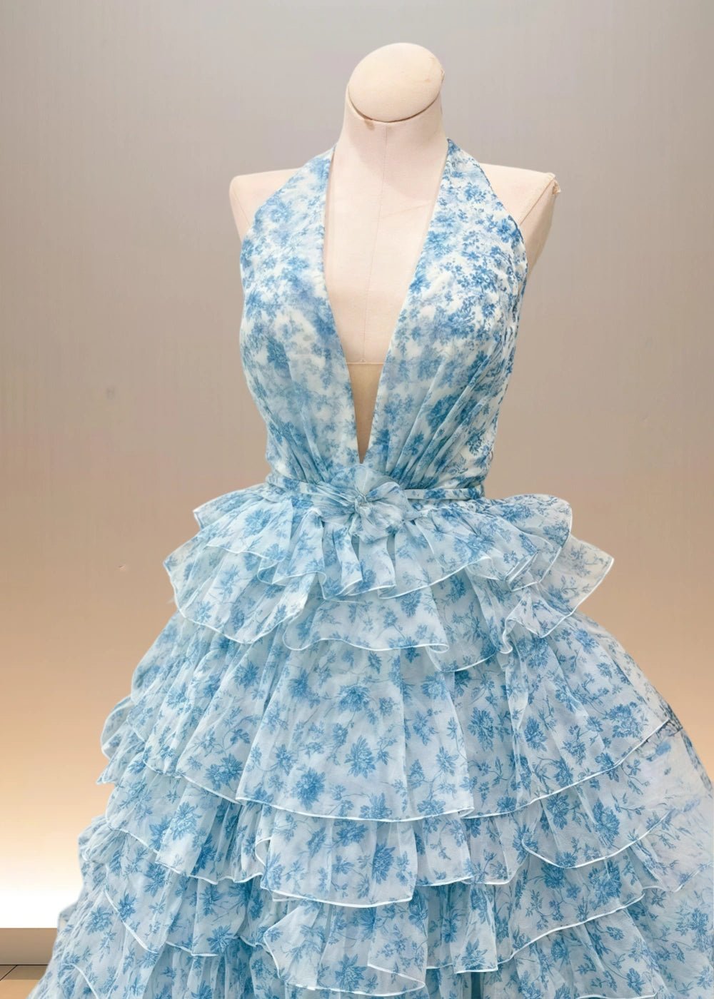 Audrey | Light Pink Floral Tulle Halter Neck Formal Dress Ruffles - Light Blue Floral - PromDressClub